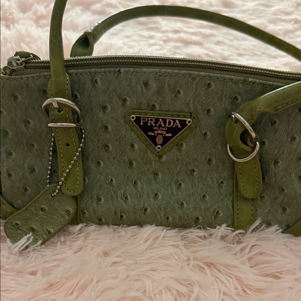 Prada Olive Green Ostrich-Textured Shoulder Bag - Picture 4 of 6